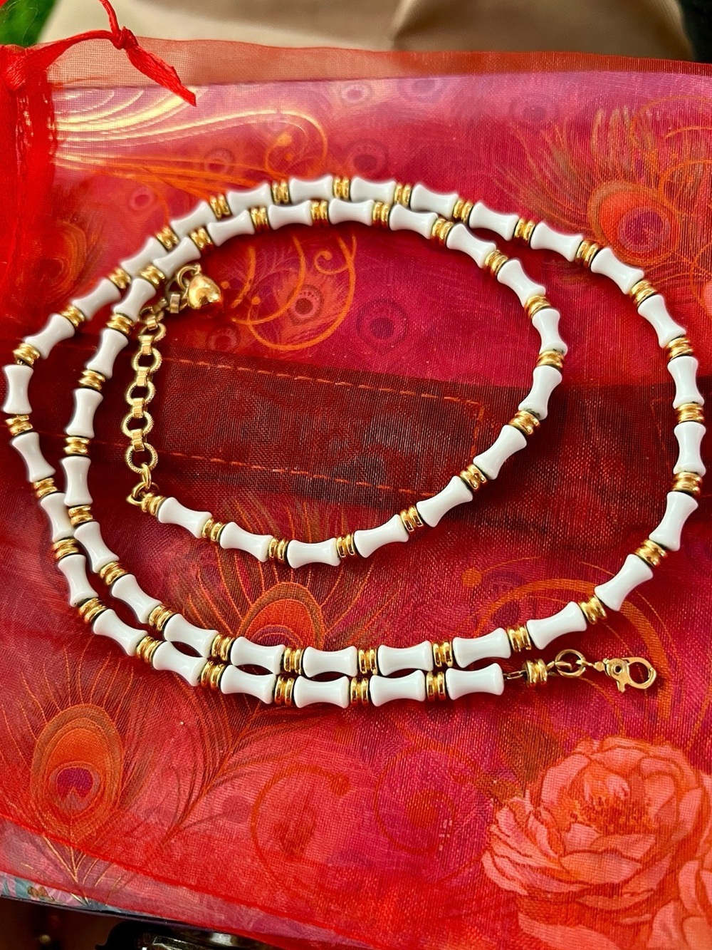 Vintage Monet White Lucite Bamboo Bead Necklace Gold Tone Adjustable